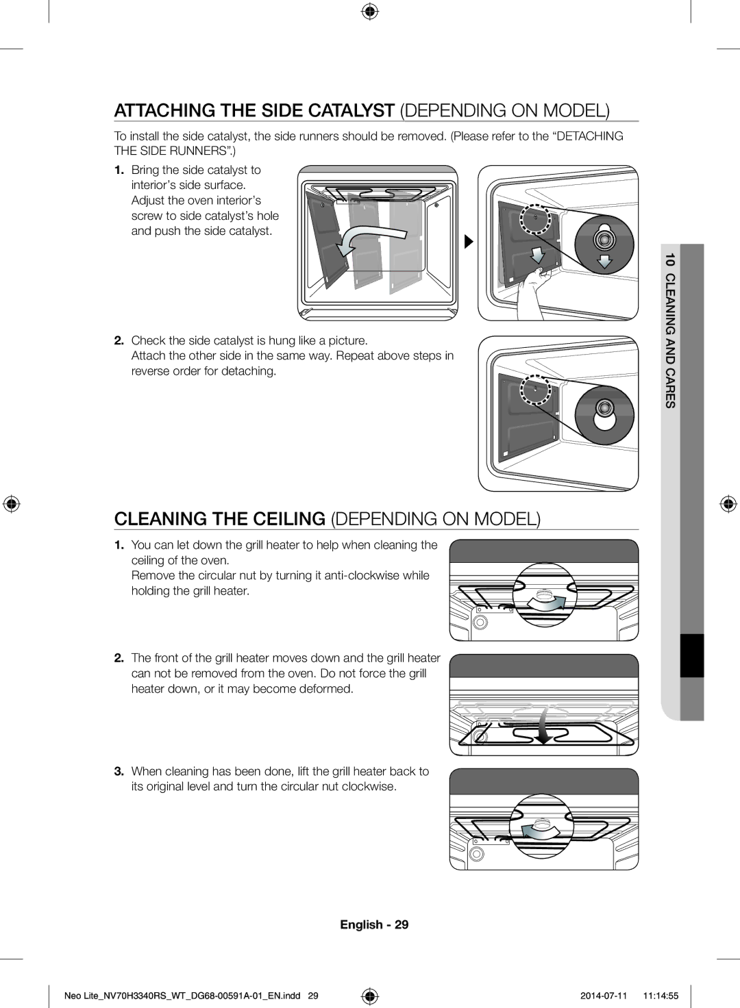 Samsung NV70H3350RS/WT manual Attaching the Side Catalyst Depending on Model, Cleaning the Ceiling Depending on Model 