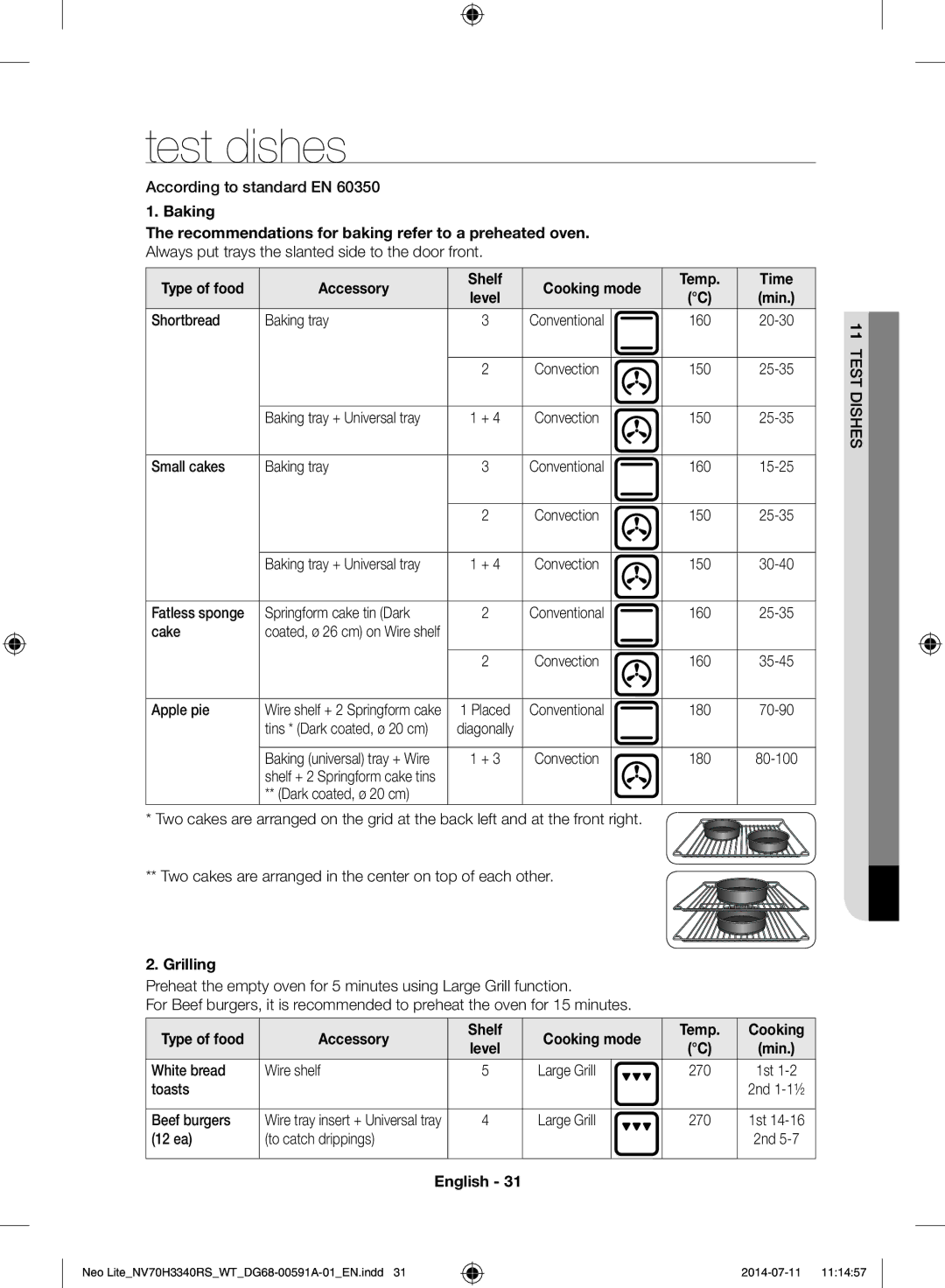 Samsung NV70H3350RS/WT manual Test dishes, Grilling, Accessory Shelf Cooking mode Temp 