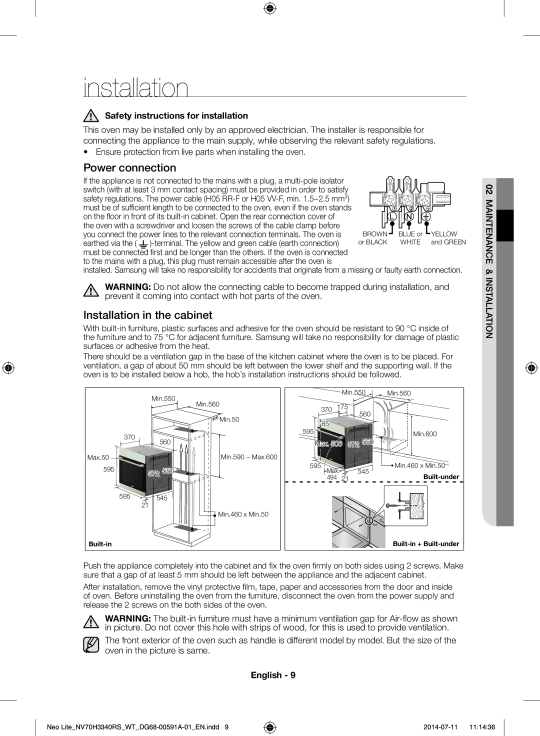 Samsung NV70H3350RS/WT manual Installation, Safety instructions for installation 