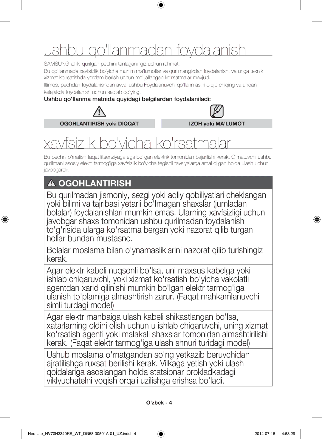 Samsung NV70H3350RS/WT manual Ushbu qollanmadan foydalanish, Xavfsizlik boyicha korsatmalar 