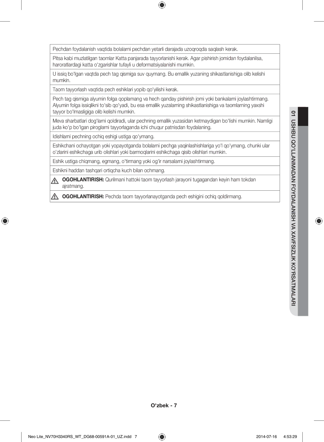 Samsung NV70H3350RS/WT manual Idishlarni pechning ochiq eshigi ustiga qoymang 