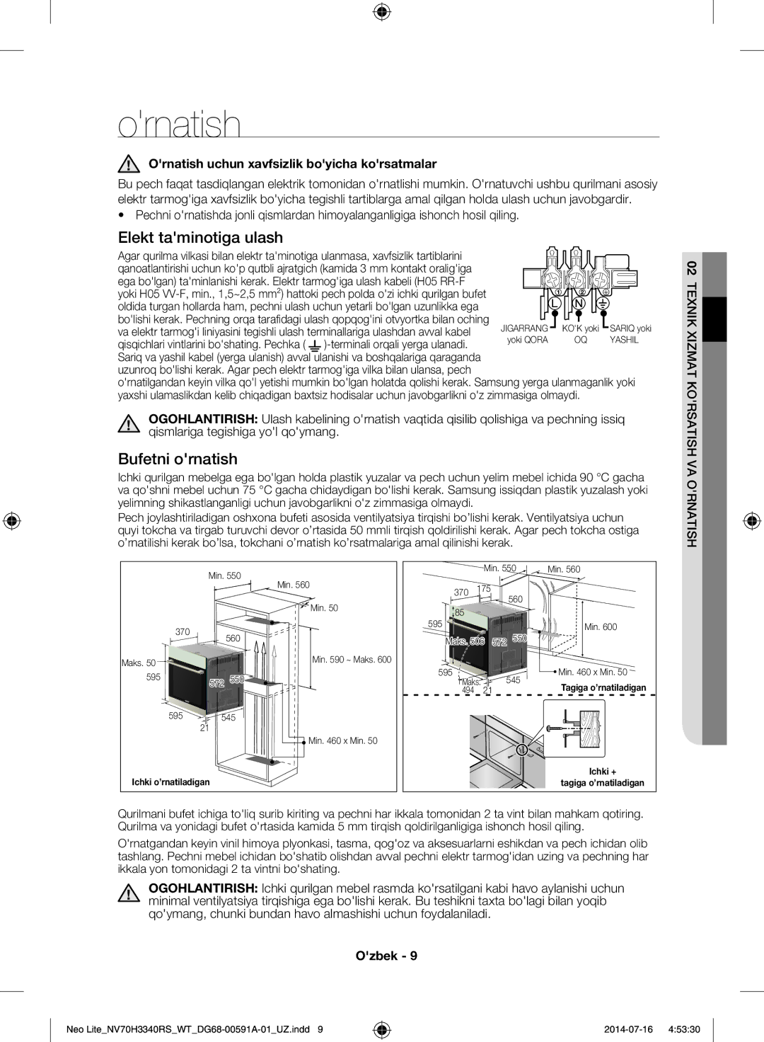 Samsung NV70H3350RS/WT manual Ornatish uchun xavfsizlik boyicha korsatmalar, Terminali orqali yerga ulanadi 