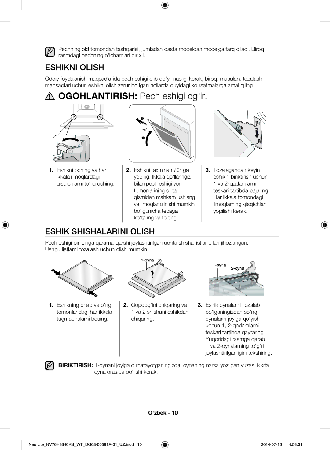 Samsung NV70H3350RS/WT manual Ogohlantirish Pech eshigi ogir, Eshikni Olish, Eshik Shishalarini Olish 