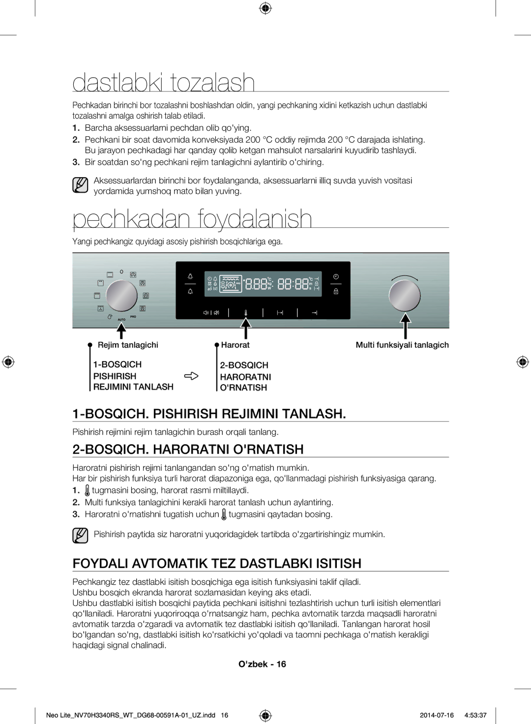 Samsung NV70H3350RS/WT manual Dastlabki tozalash, Pechkadan foydalanish, BOSQICH. Pishirish Rejimini Tanlash 