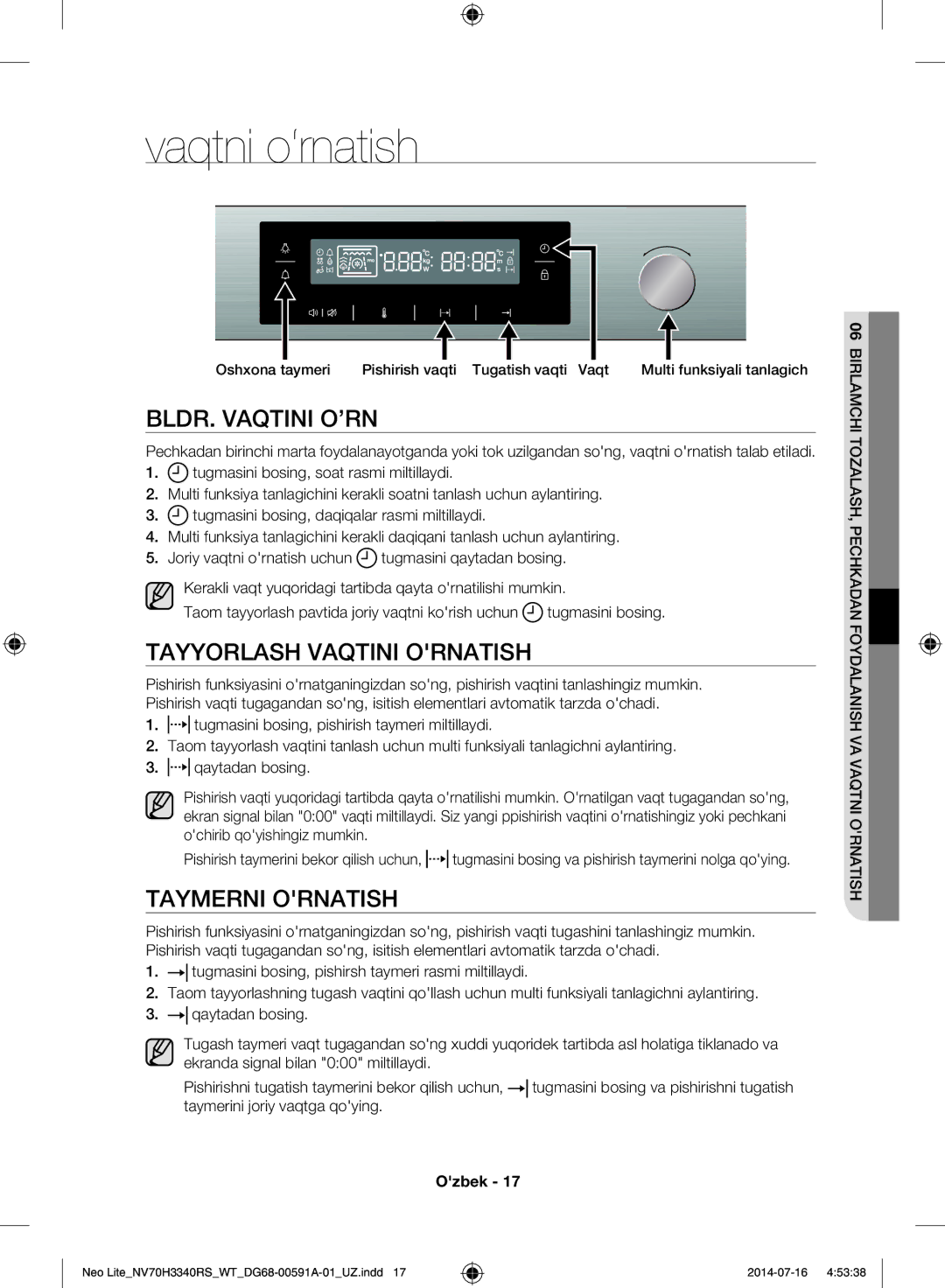 Samsung NV70H3350RS/WT manual Vaqtni o‘rnatish, BLDR. Vaqtini O’RN, Tayyorlash Vaqtini Ornatish, Taymerni Ornatish 