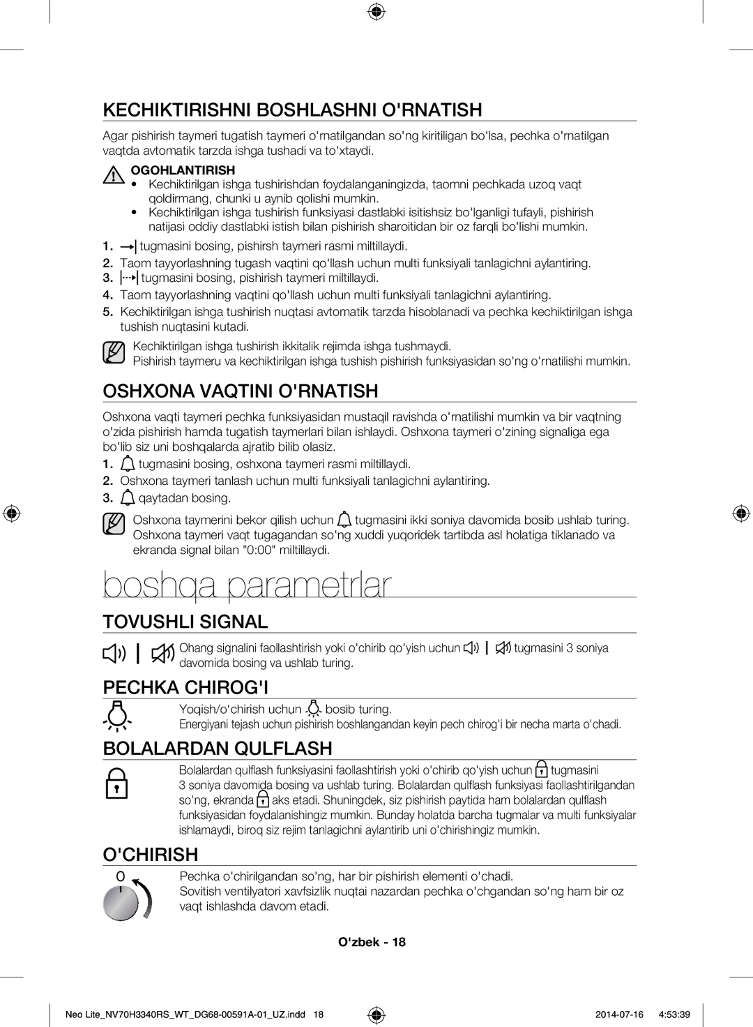 Samsung NV70H3350RS/WT manual Boshqa parametrlar 