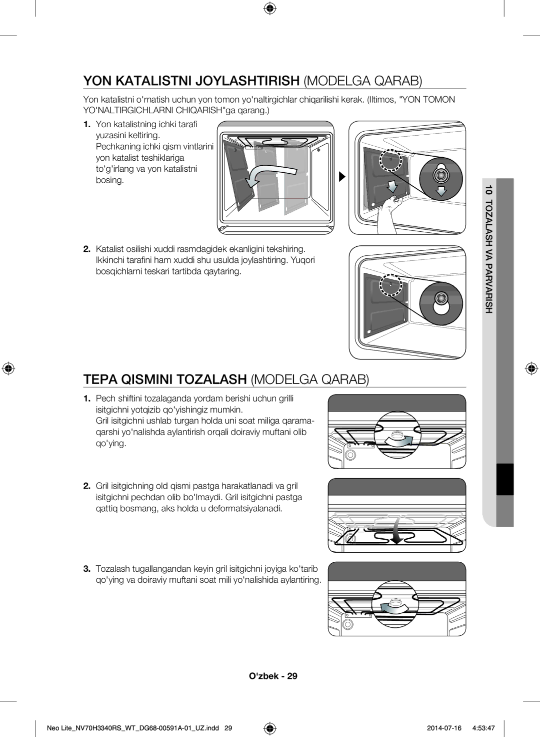 Samsung NV70H3350RS/WT manual YON Katalistni Joylashtirish Modelga Qarab, Tepa Qismini Tozalash Modelga Qarab 