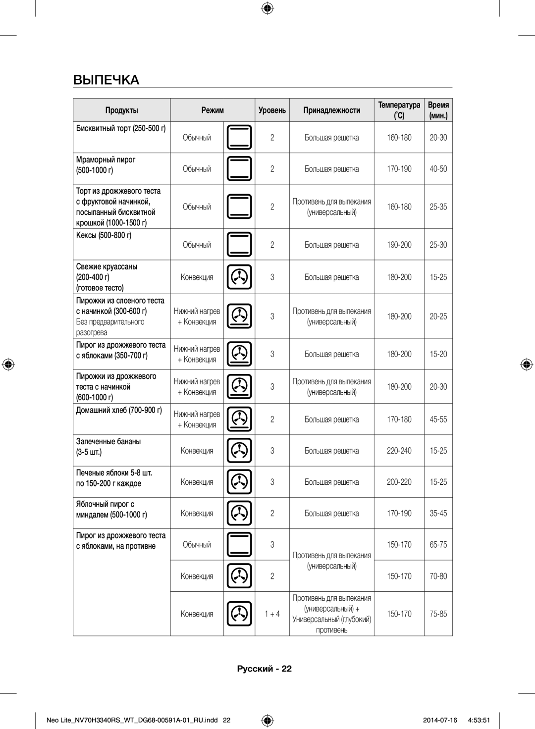 Samsung NV70H3350RS/WT manual Выпечка 