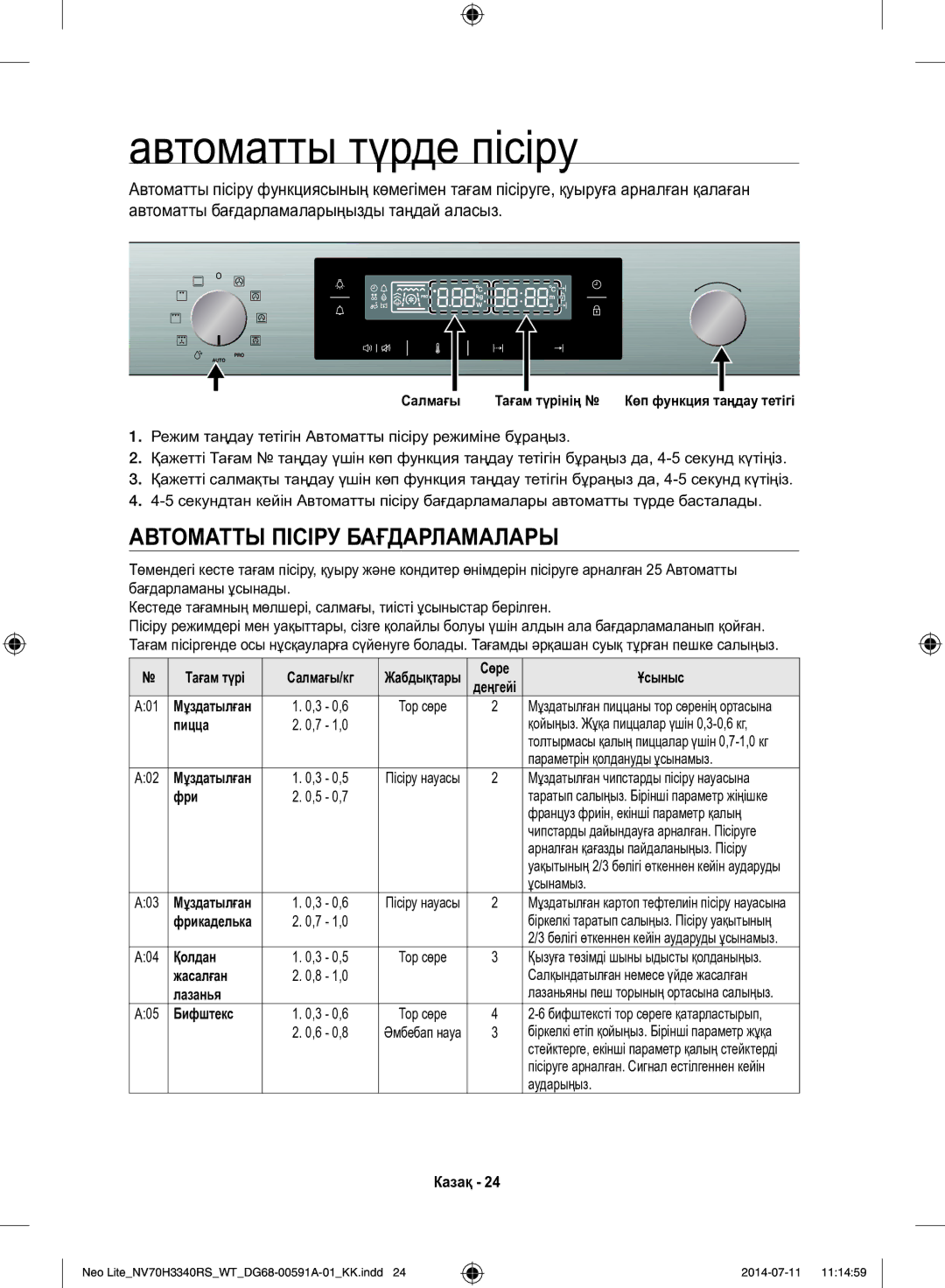 Samsung NV70H3350RS/WT manual Автоматты түрде пісіру, Автоматты Пісіру Бағдарламалары 