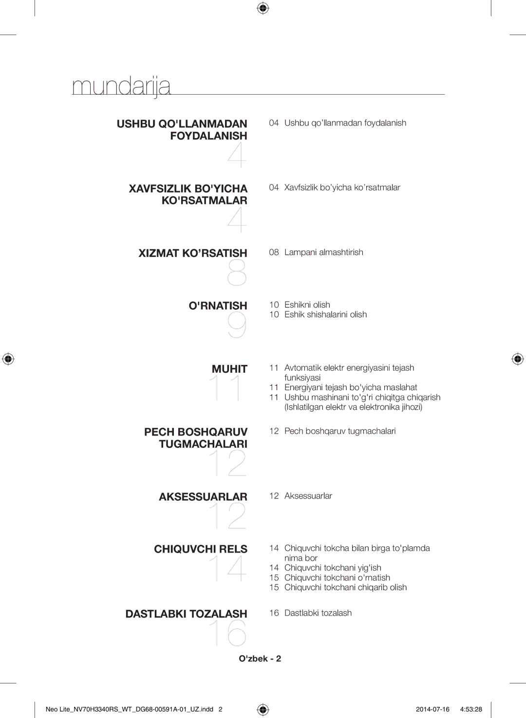 Samsung NV70H3350RS/WT manual Mundarija, Pech boshqaruv tugmachalari, Ozbek, Aksessuarlar 