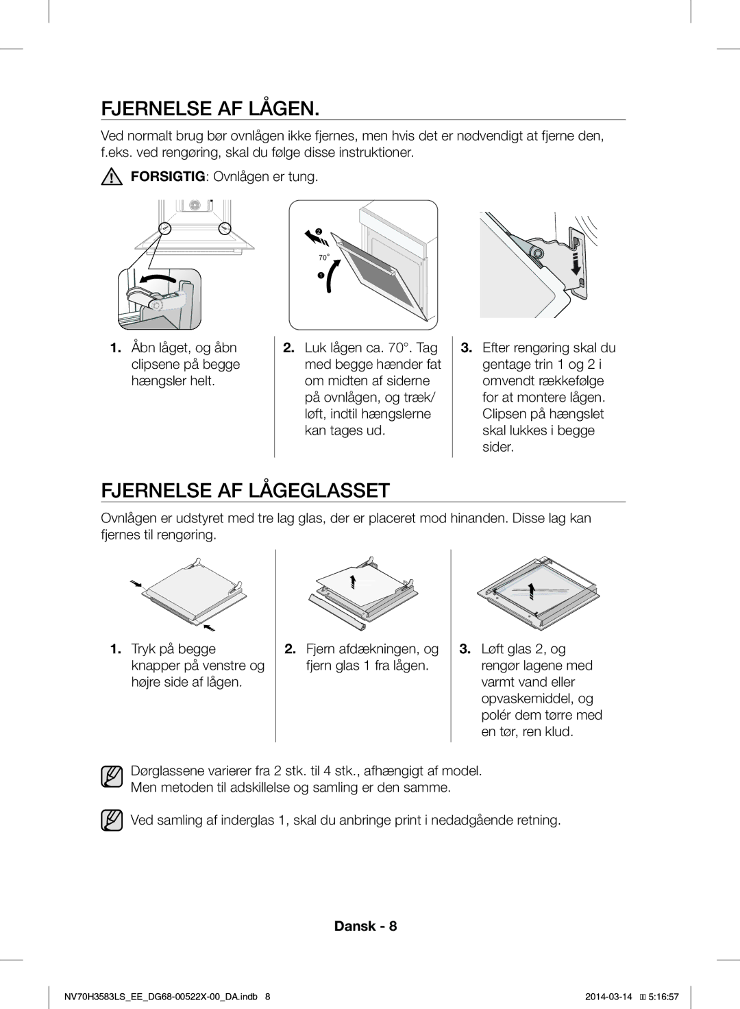 Samsung NV70H3583LS/EE manual Fjernelse AF Lågen, Fjernelse AF Lågeglasset 