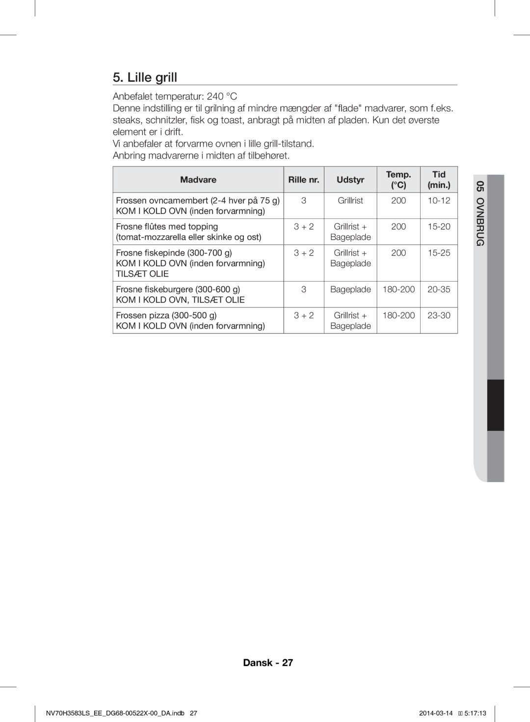 Samsung NV70H3583LS/EE manual Lille grill, KOM I Kold OVN, Tilsæt Olie 