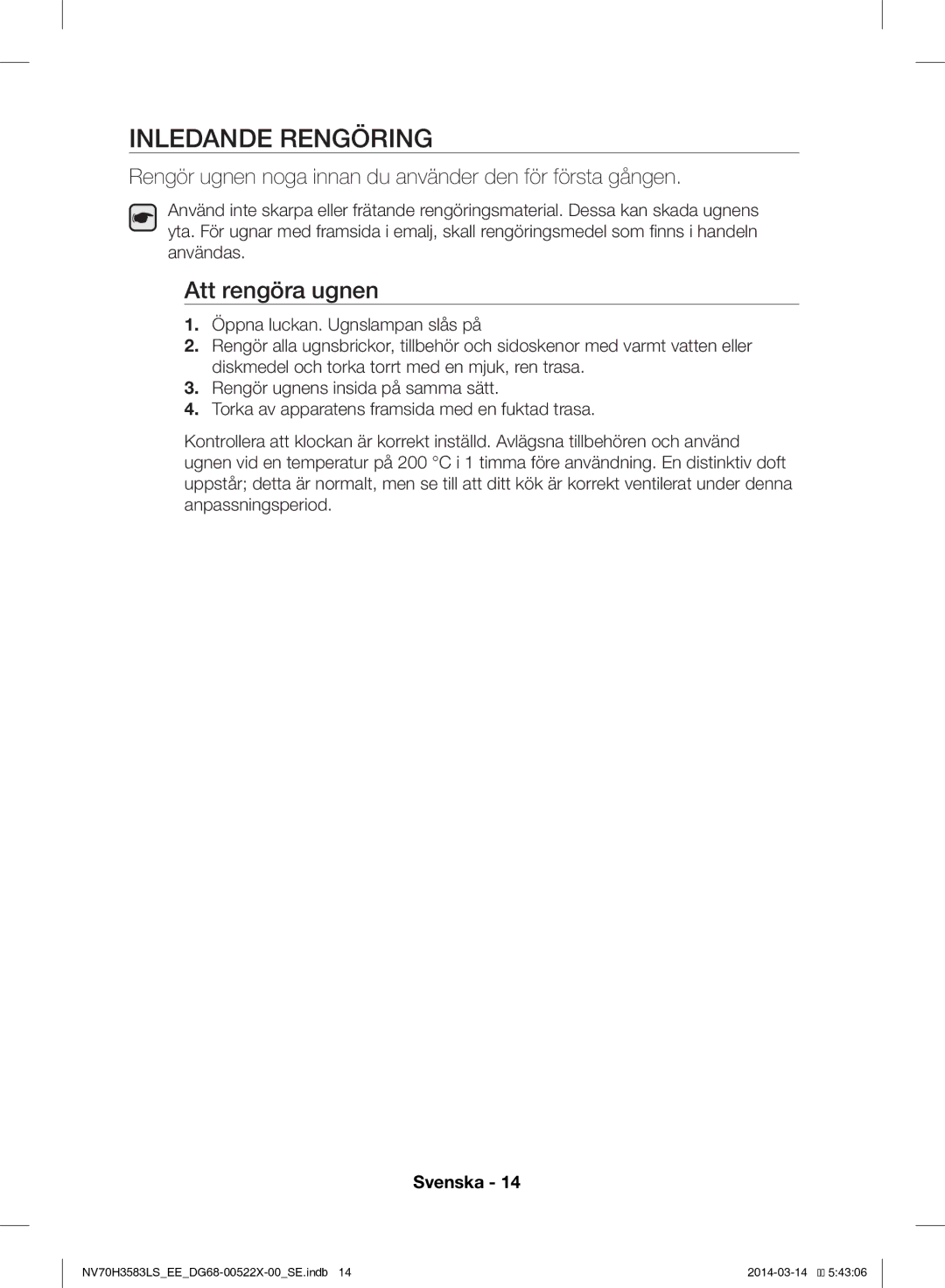 Samsung NV70H3583LS/EE manual Inledande Rengöring, Att rengöra ugnen 