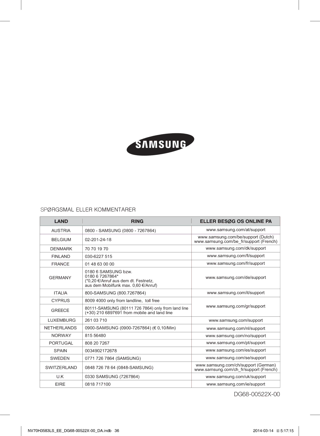 Samsung NV70H3583LS/EE manual DG68-00522X-00 