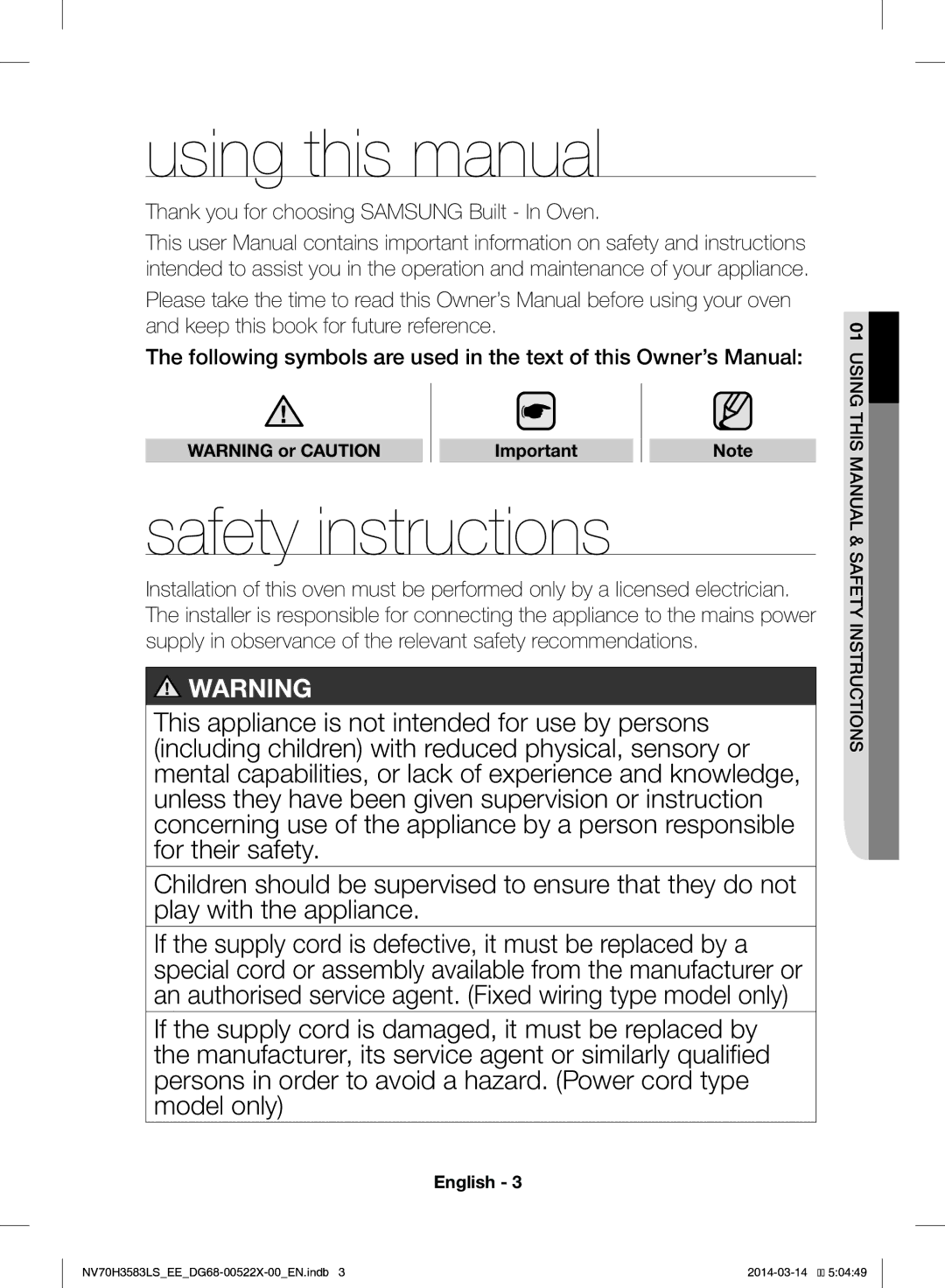 Samsung NV70H3583LS/EE Using this manual, Safety instructions, Using this Manual & Safety Instructions 