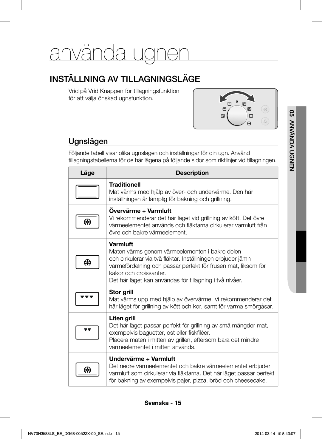 Samsung NV70H3583LS/EE manual Använda ugnen, Inställning AV Tillagningsläge, Ugnslägen 