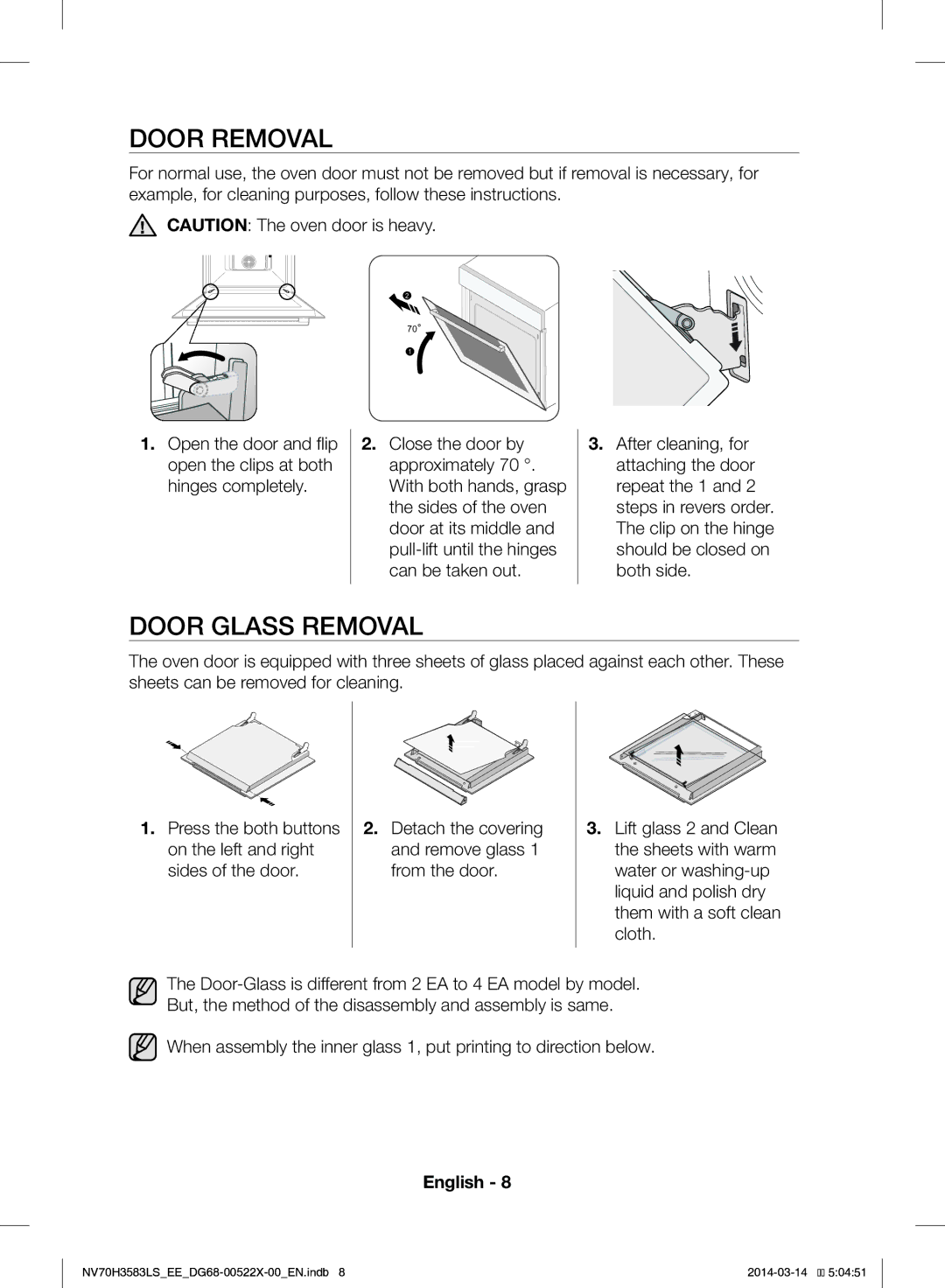 Samsung NV70H3583LS/EE manual Door Removal, Door Glass Removal 