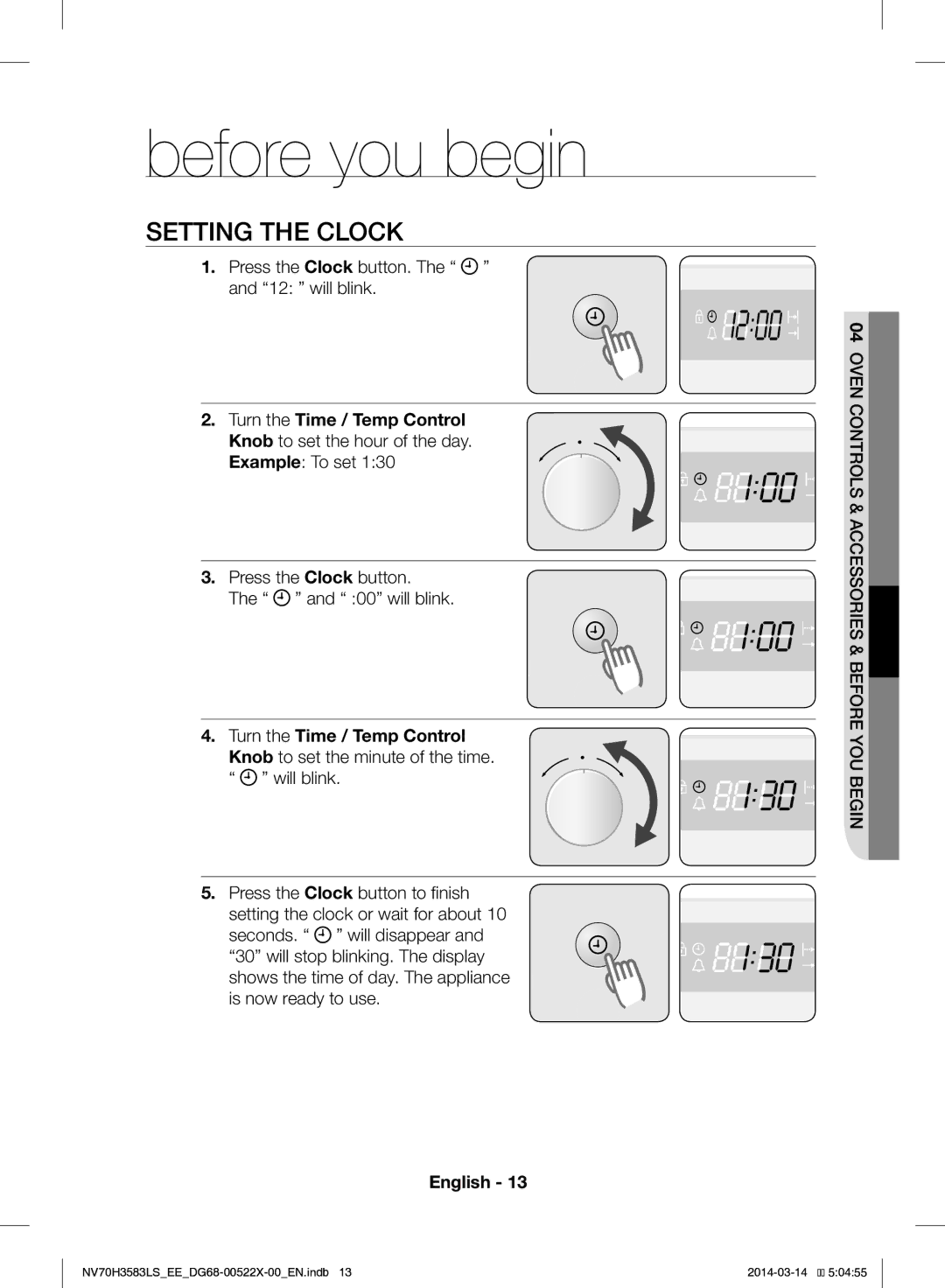 Samsung NV70H3583LS/EE manual Before you begin, Setting the Clock, Press the Clock button. The and 12 will blink 