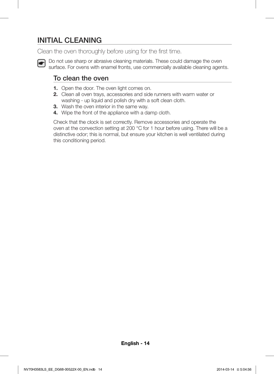 Samsung NV70H3583LS/EE manual Initial Cleaning, To clean the oven 