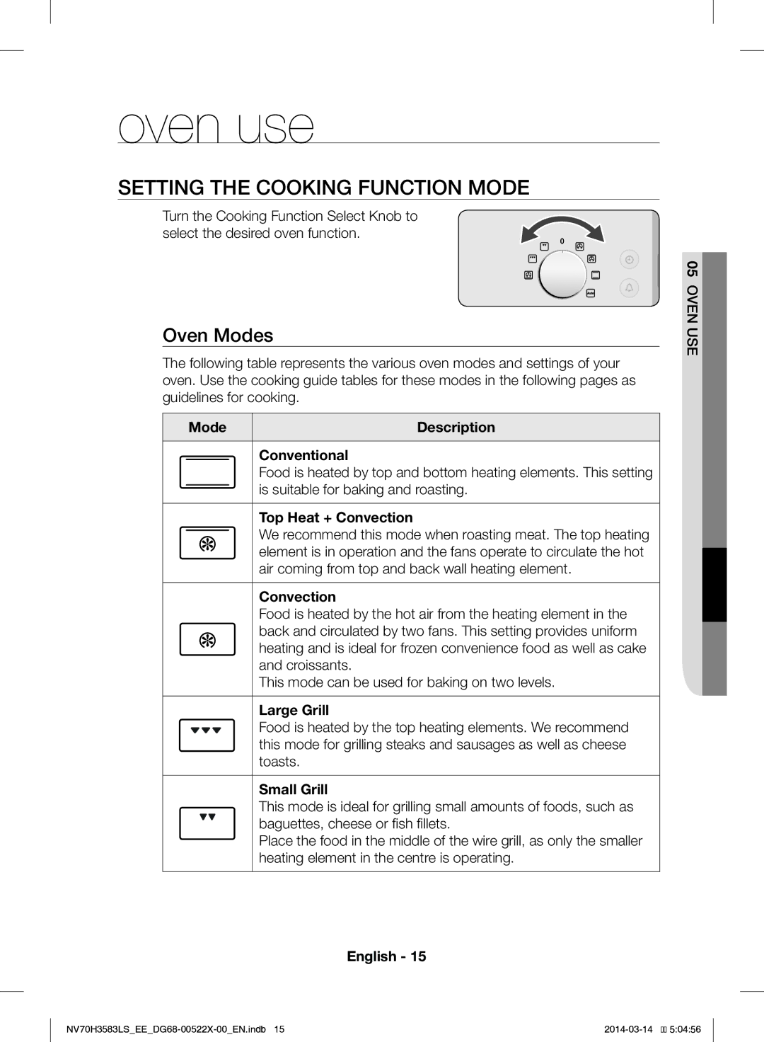 Samsung NV70H3583LS/EE manual Oven use, Setting the Cooking Function Mode, Oven Modes 