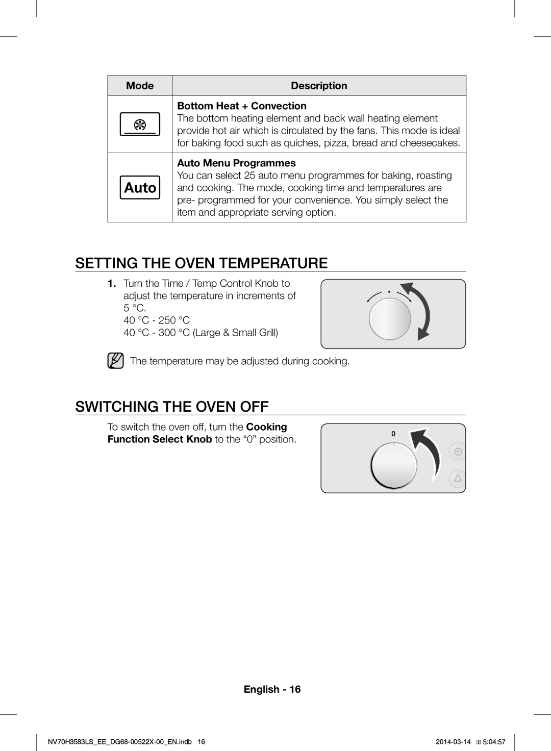 Samsung NV70H3583LS/EE Setting the Oven Temperature, Switching the Oven OFF, Mode Description Bottom Heat + Convection 