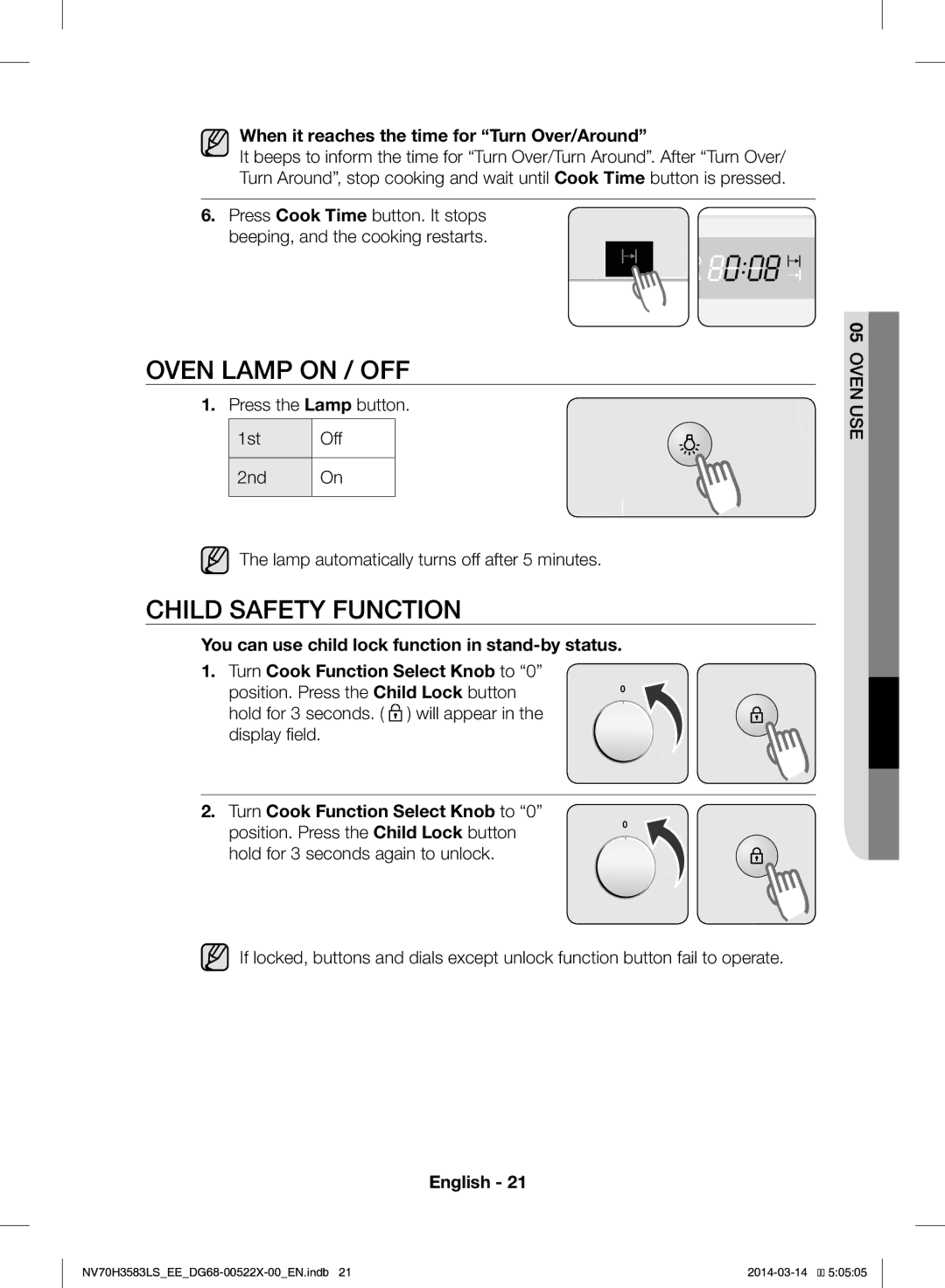 Samsung NV70H3583LS/EE manual Oven Lamp on / OFF, Child Safety Function, When it reaches the time for Turn Over/Around 