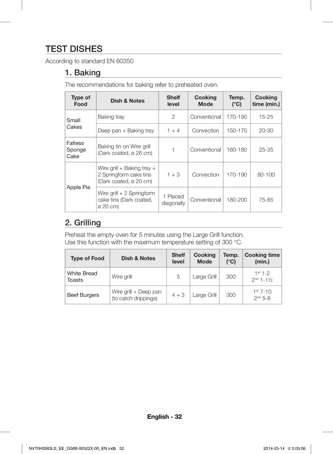 Samsung NV70H3583LS/EE manual Test Dishes, According to standard EN, Recommendations for baking refer to preheated oven 