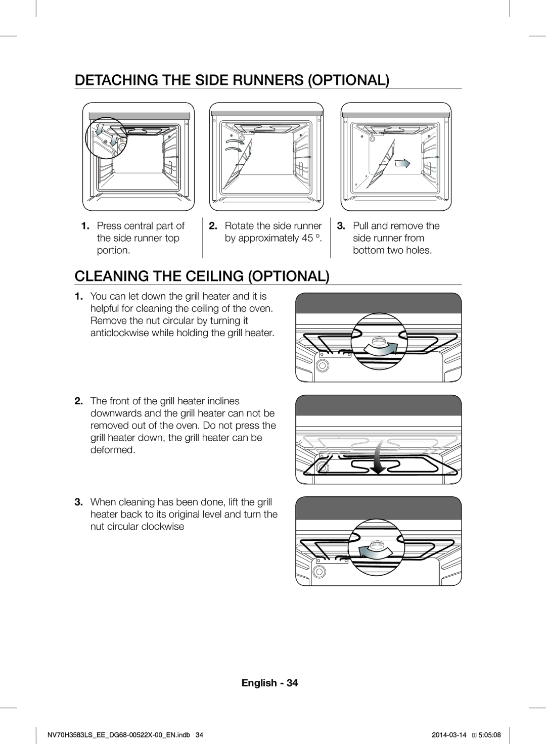 Samsung NV70H3583LS/EE manual Detaching the Side Runners Optional, Cleaning the Ceiling Optional 