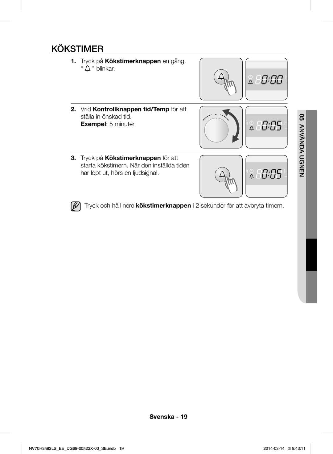 Samsung NV70H3583LS/EE manual Kökstimer, Exempel 5 minuter 