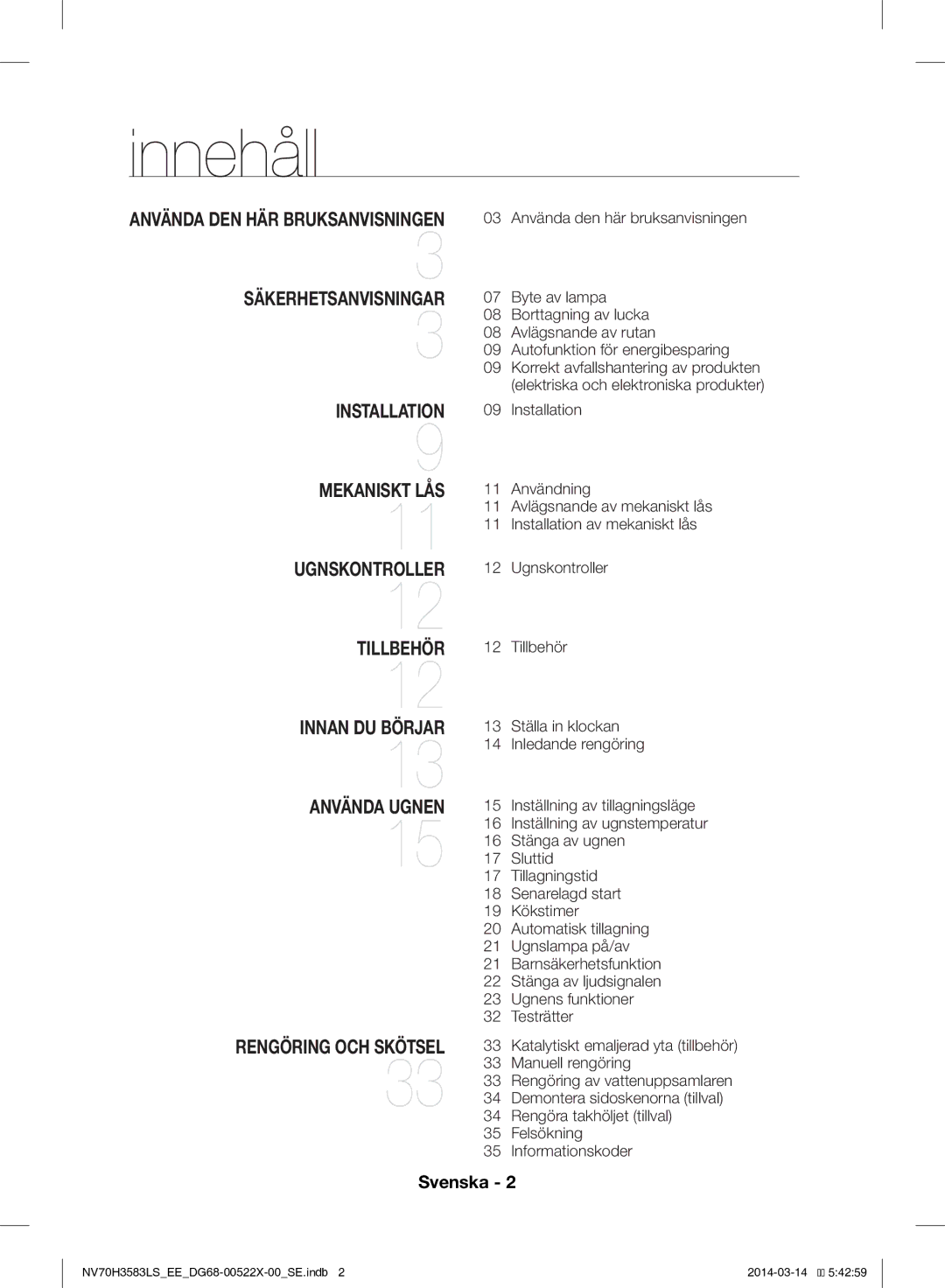 Samsung NV70H3583LS/EE manual Innehåll, Svenska 