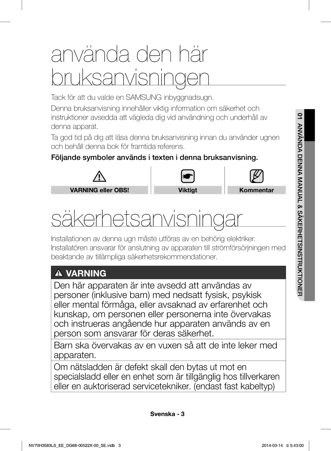 Samsung NV70H3583LS/EE manual Säkerhetsanvisningar, Varning eller OBS Viktigt Kommentar 