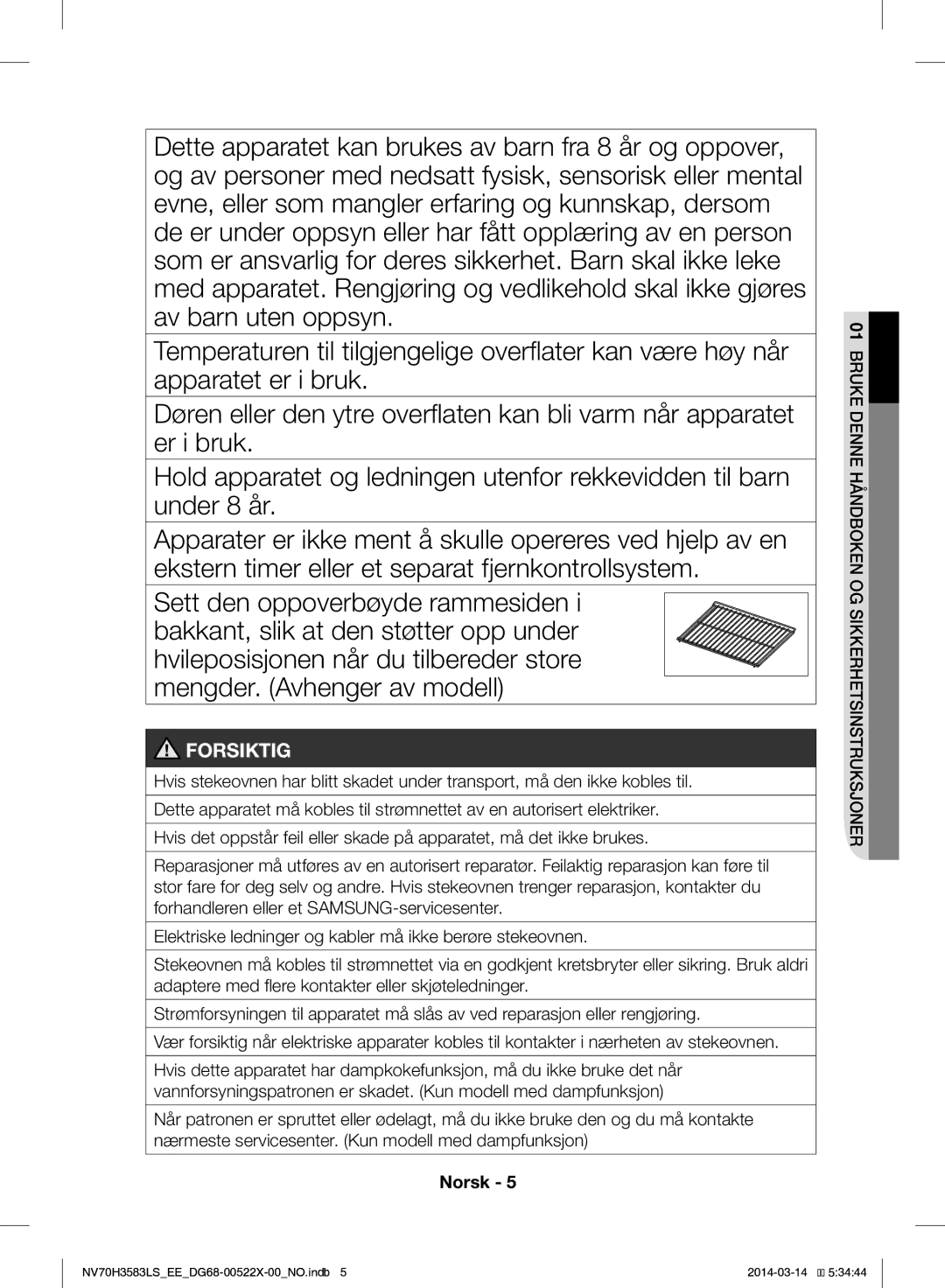 Samsung NV70H3583LS/EE manual Forsiktig 