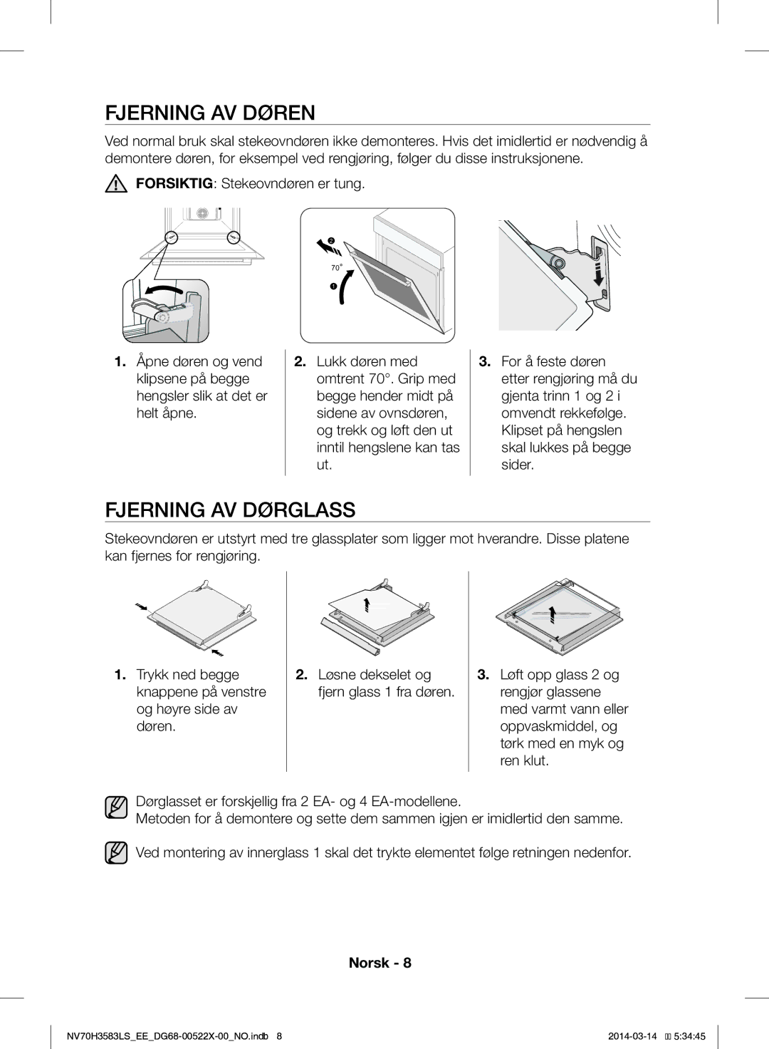 Samsung NV70H3583LS/EE manual Fjerning AV Døren, Fjerning AV Dørglass 