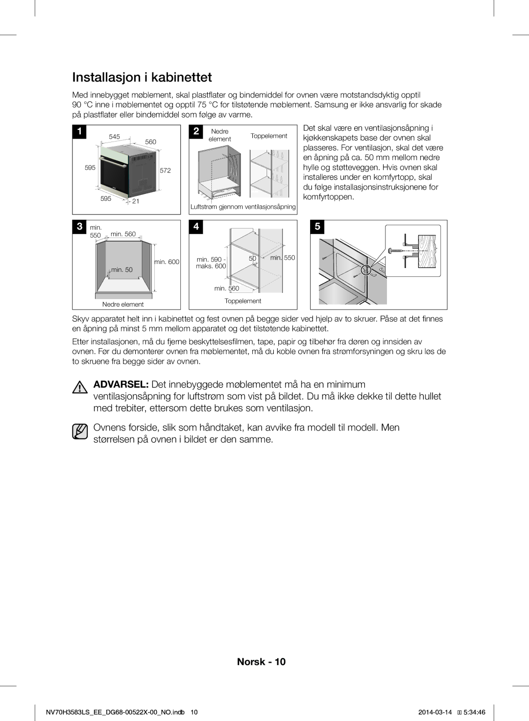 Samsung NV70H3583LS/EE manual Installasjon i kabinettet 