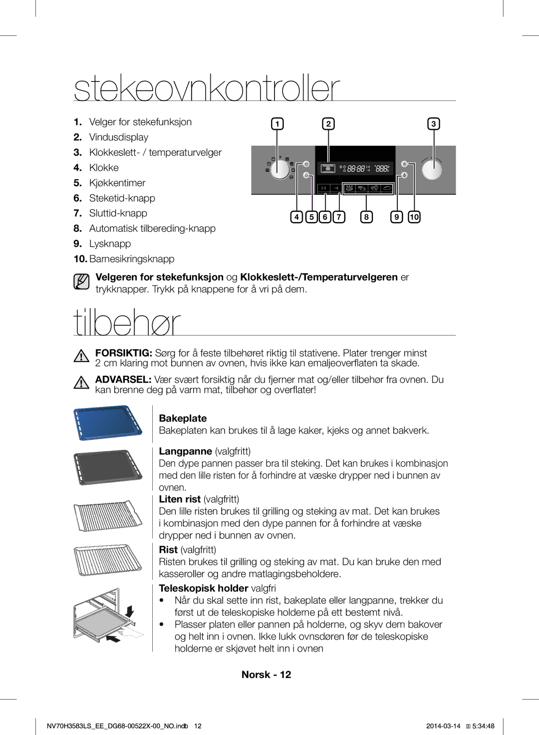 Samsung NV70H3583LS/EE manual Stekeovnkontroller, Tilbehør 