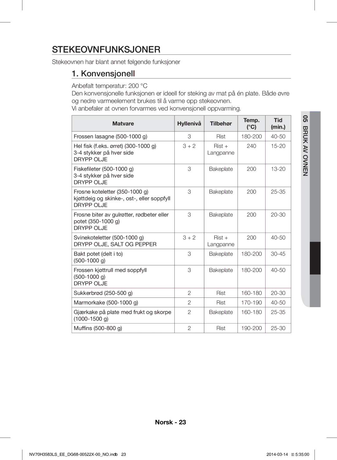 Samsung NV70H3583LS/EE manual Stekeovnfunksjoner, Konvensjonell, Stekeovnen har blant annet følgende funksjoner 