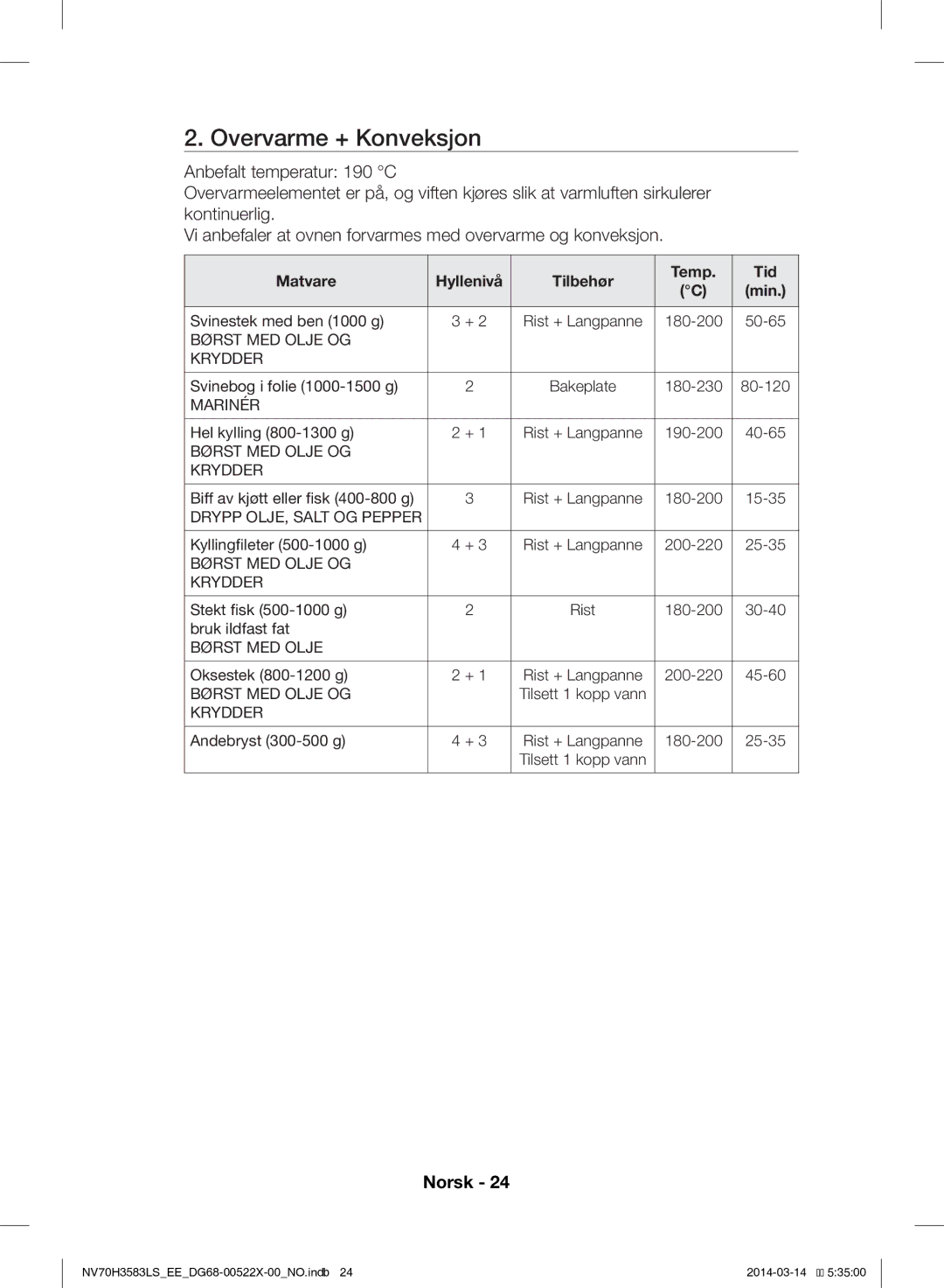 Samsung NV70H3583LS/EE manual Overvarme + Konveksjon, Børst MED Olje OG Krydder, Marinér 