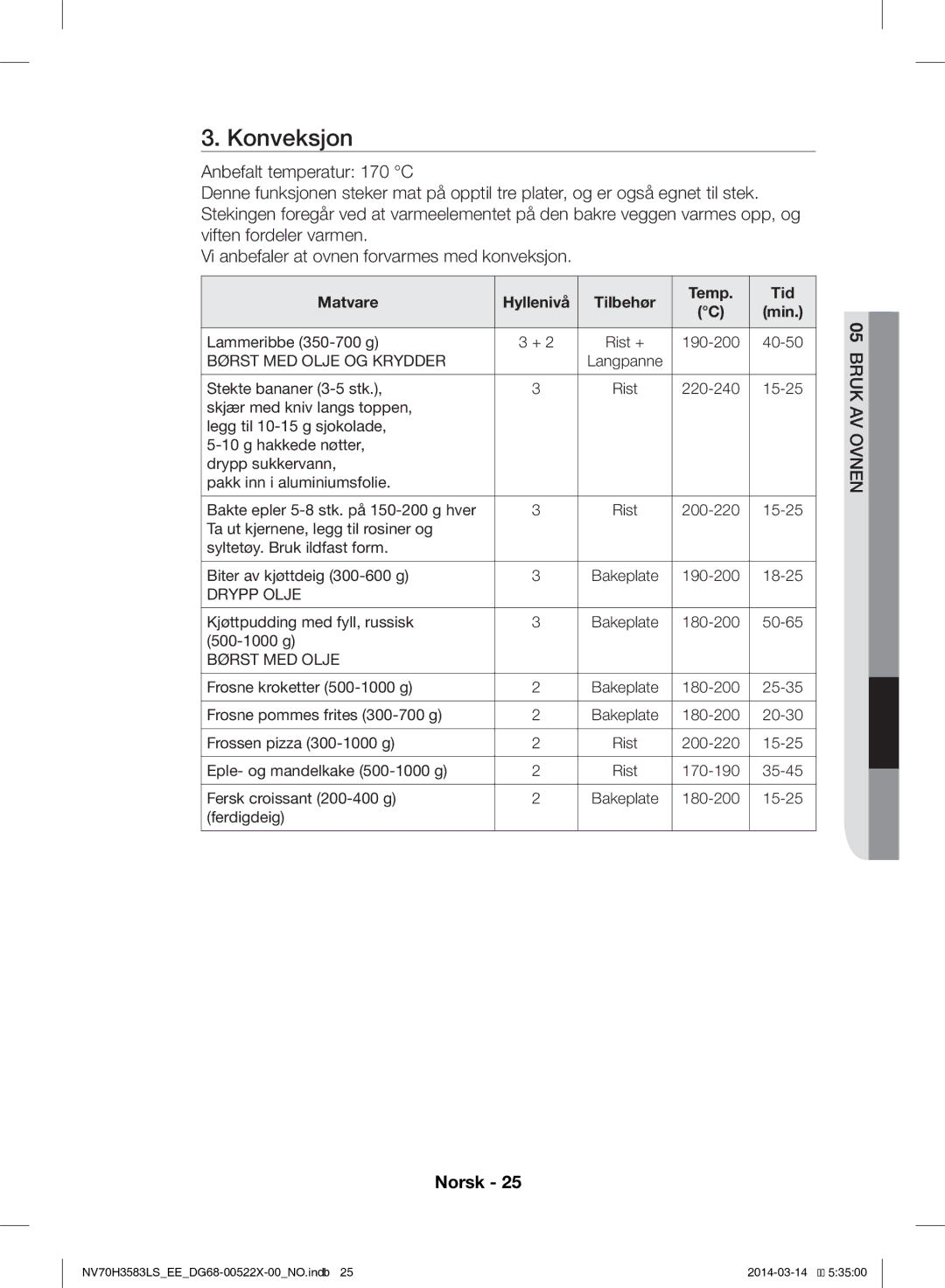 Samsung NV70H3583LS/EE manual Konveksjon 