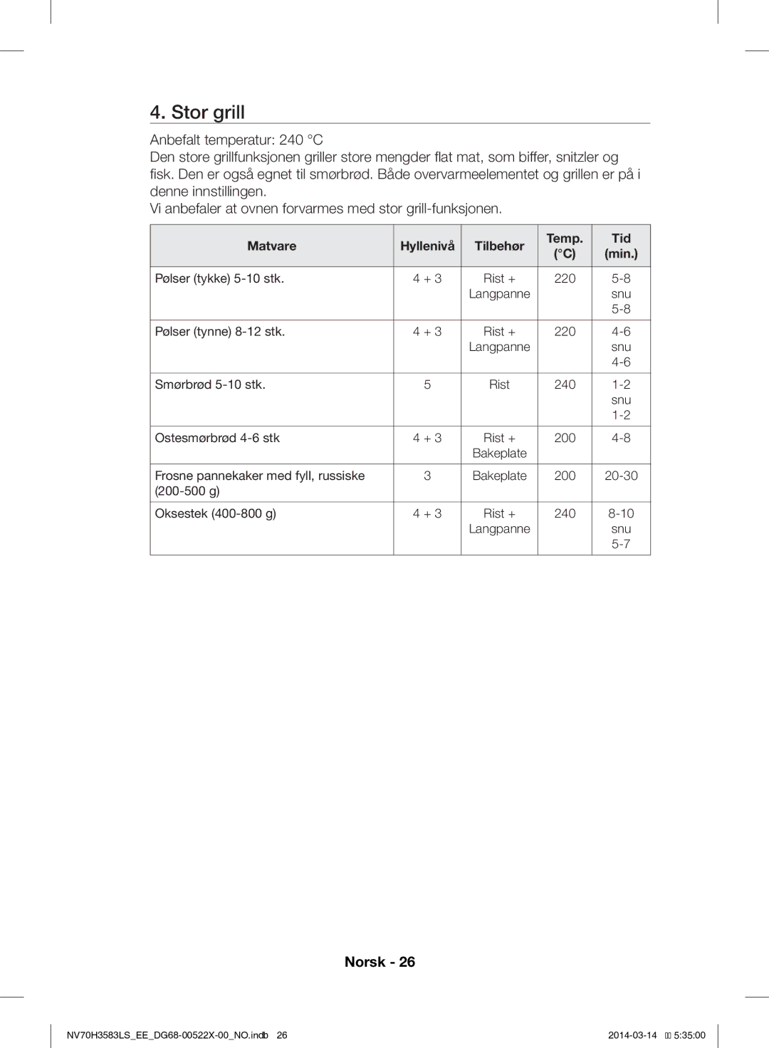 Samsung NV70H3583LS/EE manual Pølser tykke 5-10 stk 