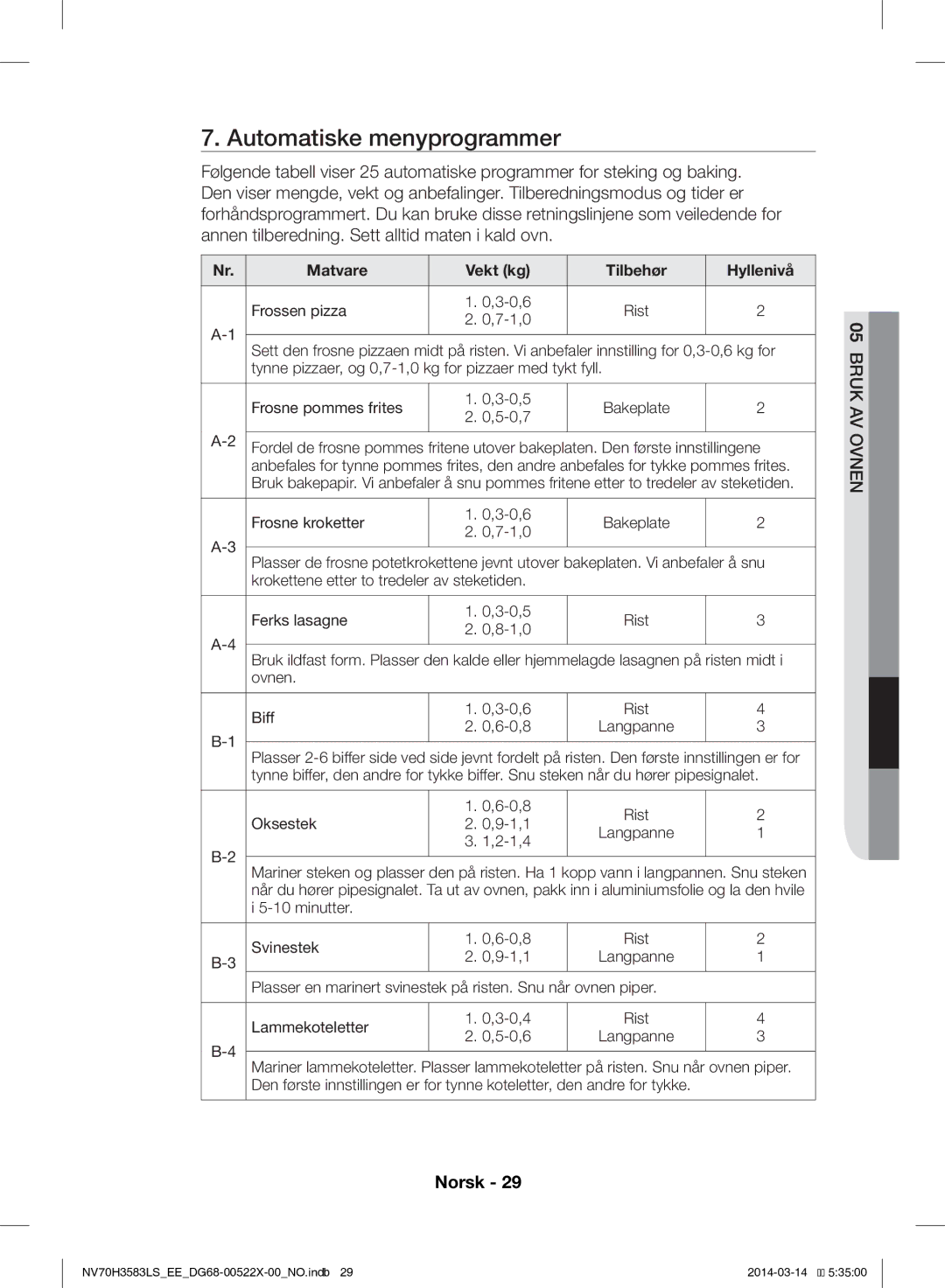 Samsung NV70H3583LS/EE manual Automatiske menyprogrammer, Matvare Vekt kg Tilbehør Hyllenivå 