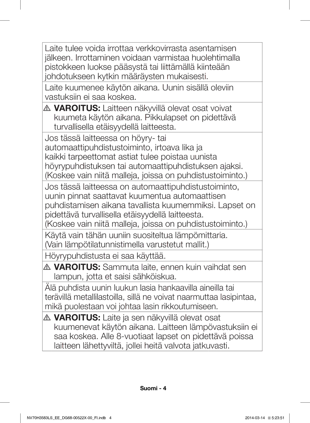 Samsung NV70H3583LS/EE manual Suomi 