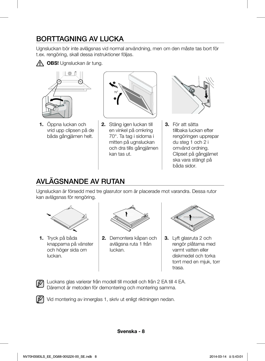 Samsung NV70H3583LS/EE manual Borttagning AV Lucka, Avlägsnande AV Rutan 