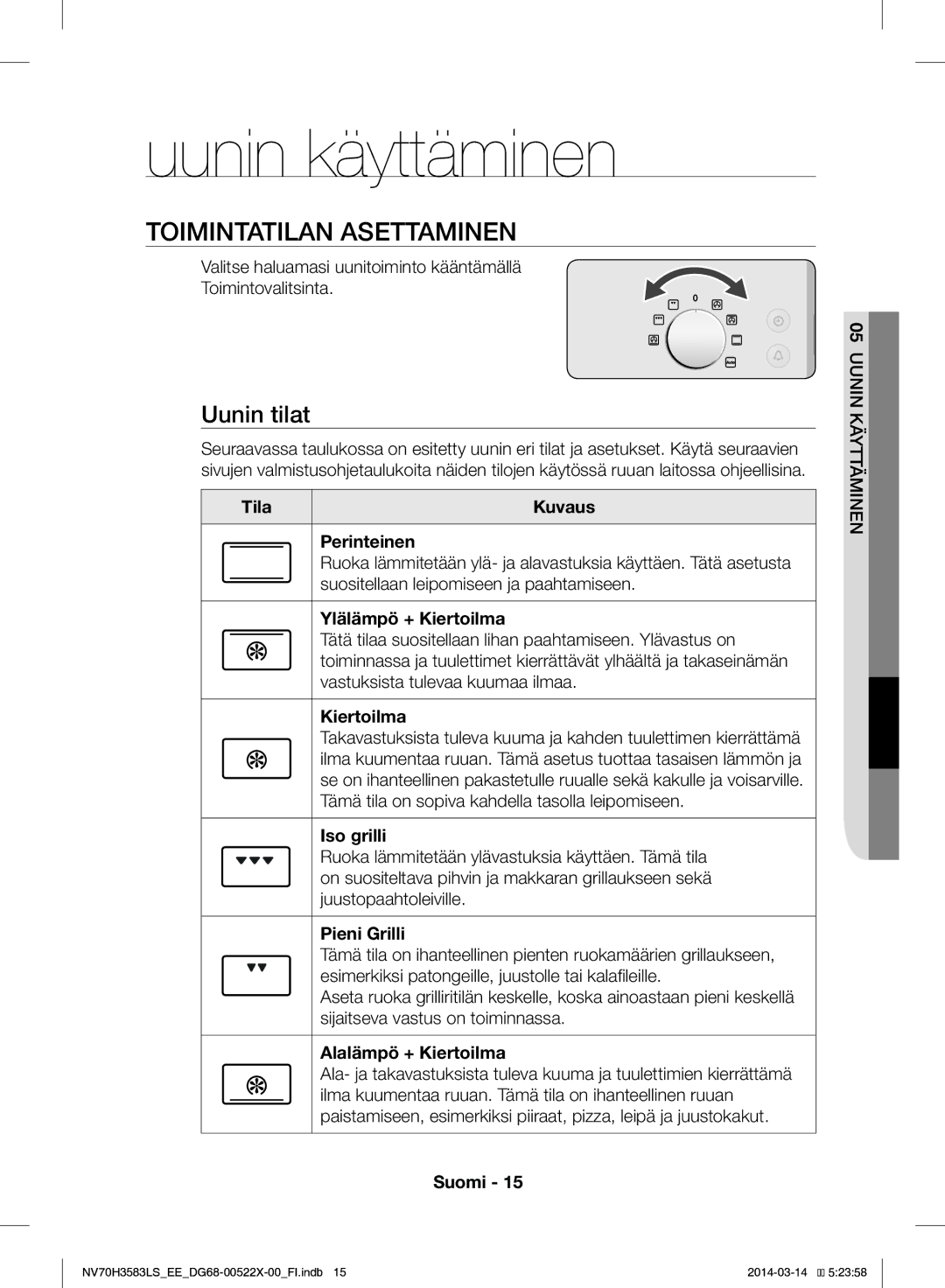 Samsung NV70H3583LS/EE manual Uunin käyttäminen, Toimintatilan Asettaminen, Uunin tilat 