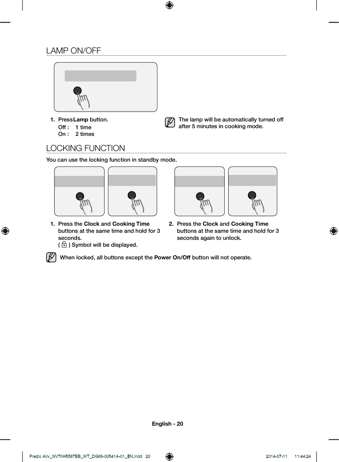 Samsung NV70H5557LB/WT, NV70H5587BB/WT manual Lamp ON/OFF, Locking Function 