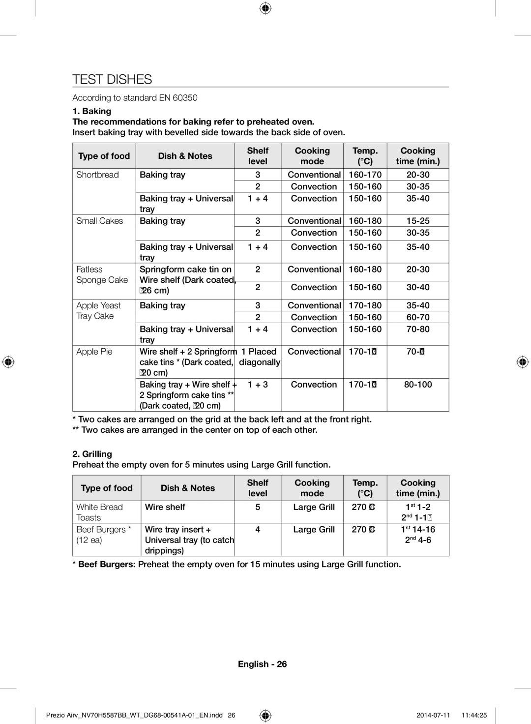 Samsung NV70H5557LB/WT, NV70H5587BB/WT Test Dishes, Baking Recommendations for baking refer to preheated oven, Grilling 