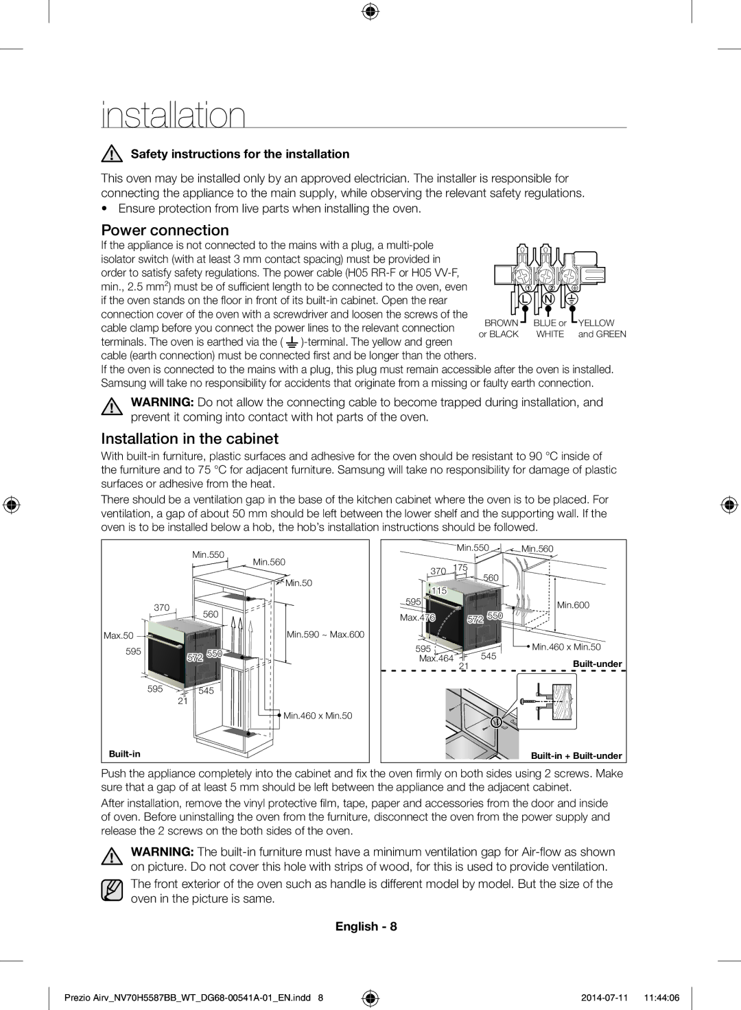 Samsung NV70H5557LB/WT manual Power connection, Installation in the cabinet, Safety instructions for the installation 