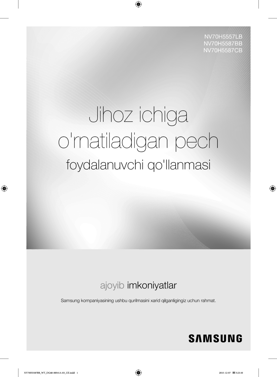 Samsung NV70H5587BB/WT, NV70H5557LB/WT manual Jihoz ichiga Ornatiladigan pech, Foydalanuvchi qollanmasi 