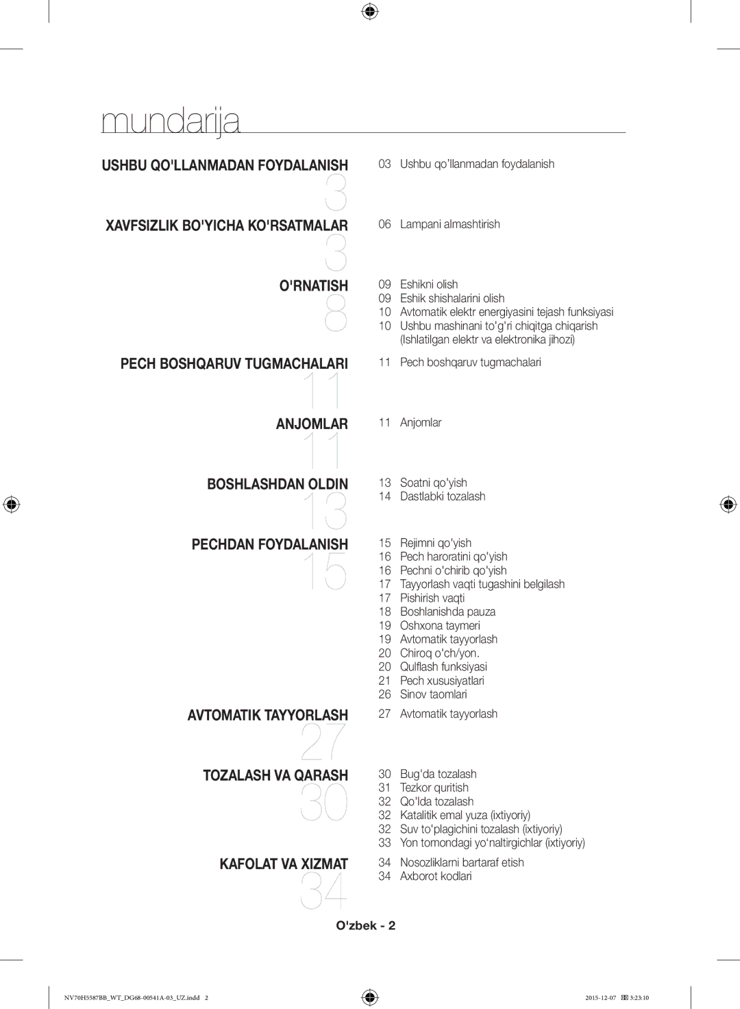 Samsung NV70H5557LB/WT, NV70H5587BB/WT manual Mundarija, Ozbek 