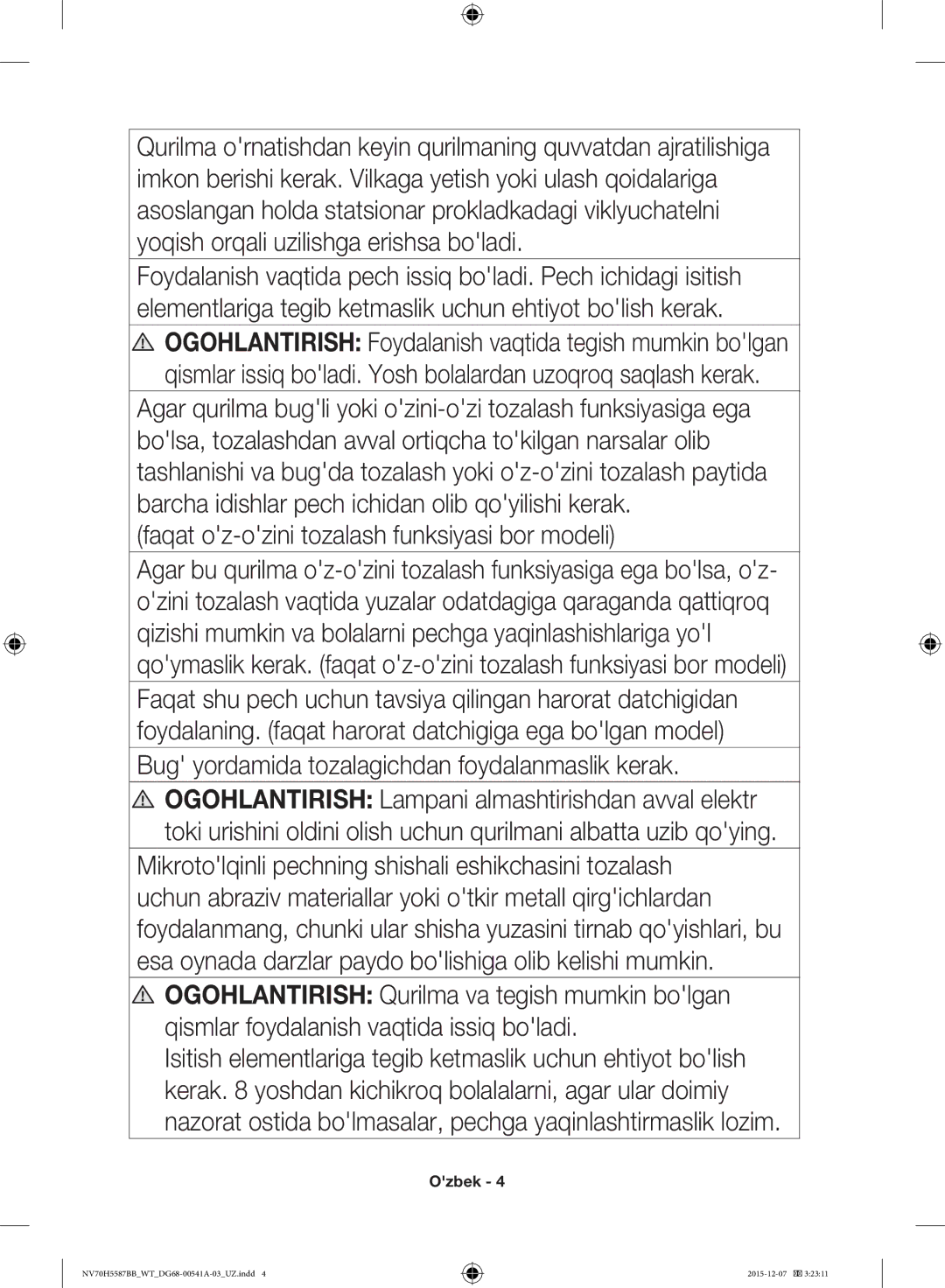 Samsung NV70H5557LB/WT Faqat oz-ozini tozalash funksiyasi bor modeli, Bug yordamida tozalagichdan foydalanmaslik kerak 