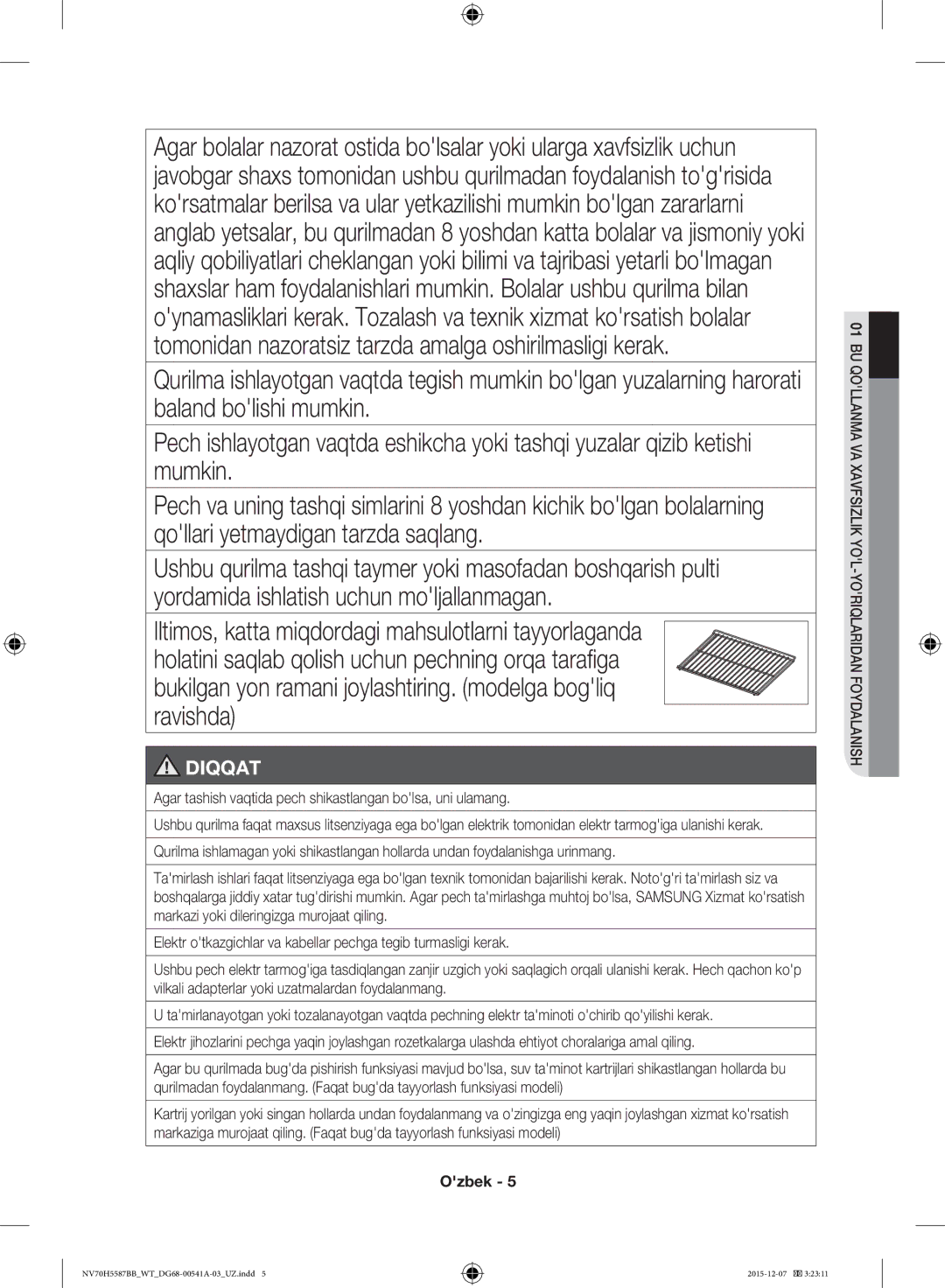 Samsung NV70H5587BB/WT, NV70H5557LB/WT manual Diqqat, Agar tashish vaqtida pech shikastlangan bolsa, uni ulamang 